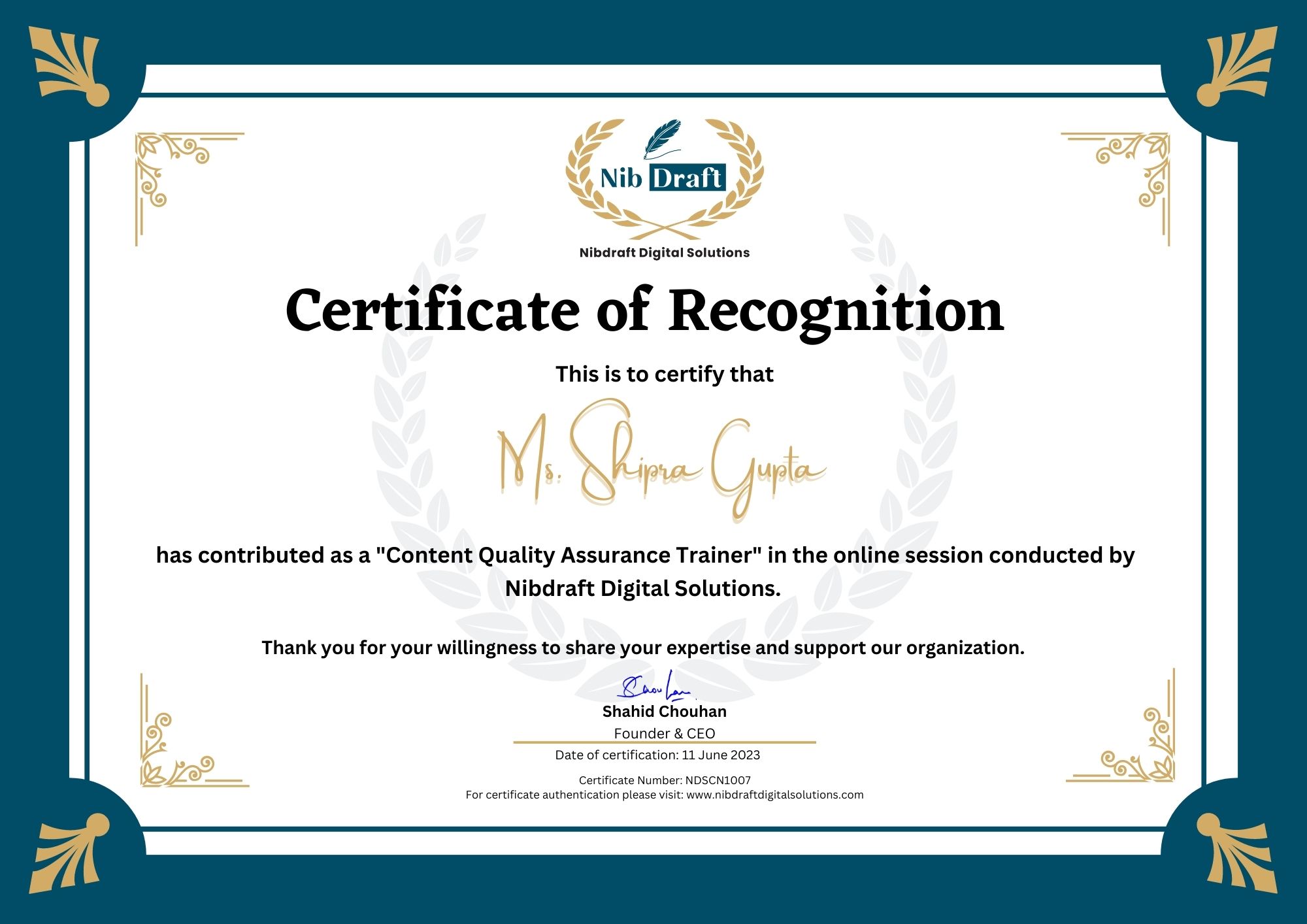 NDSCN1007: Ms. Shipra Gupta